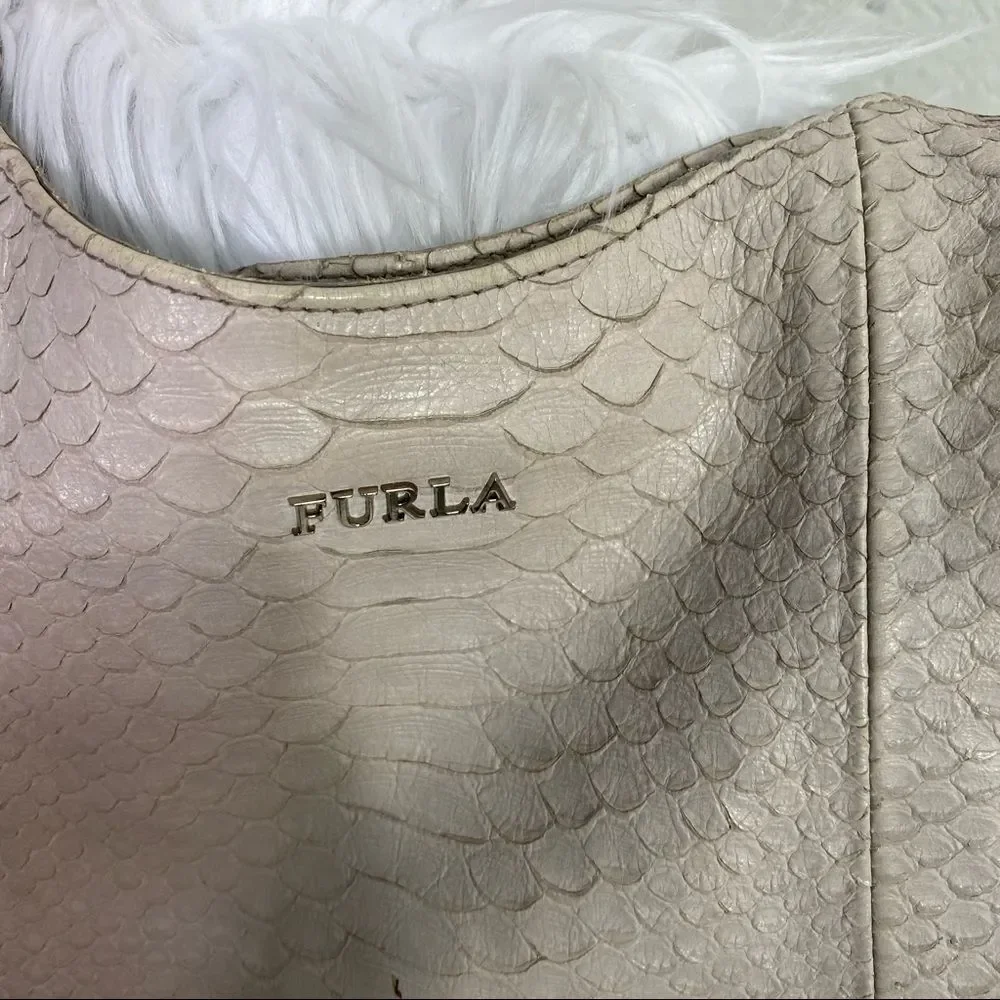 Furla logo light gray croc embossed genuine leather ribbon hobo shoulder bag